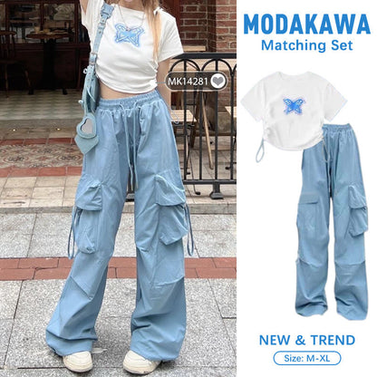 Butterfly Print Draw String T-Shirt Pocketed Cargo Pants modakawa