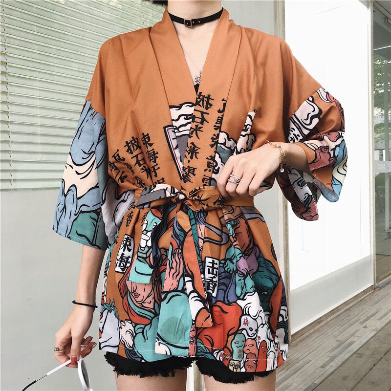 Cartoon Fire Print Casual Vintage Kimono Outerwear Modakawa