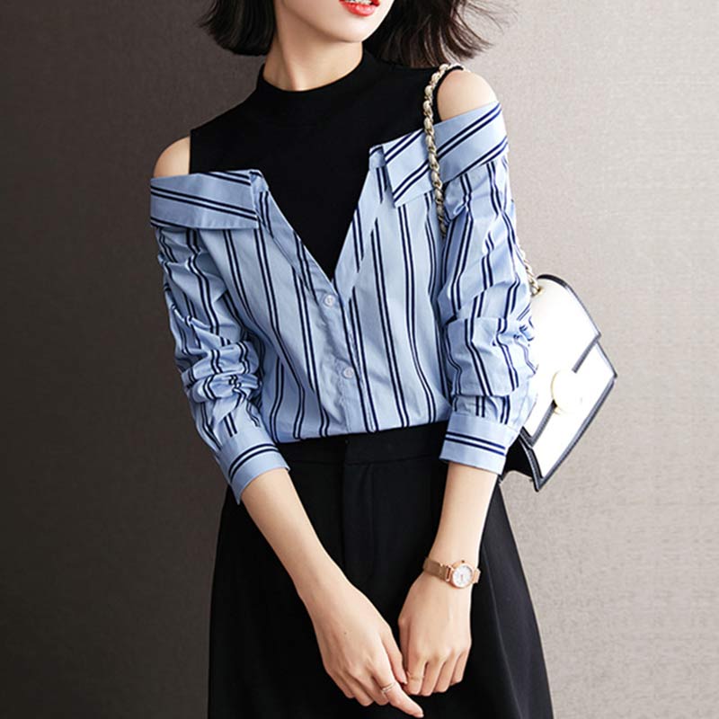 Fake Two Piece Striped Strapless Shirt Modakawa