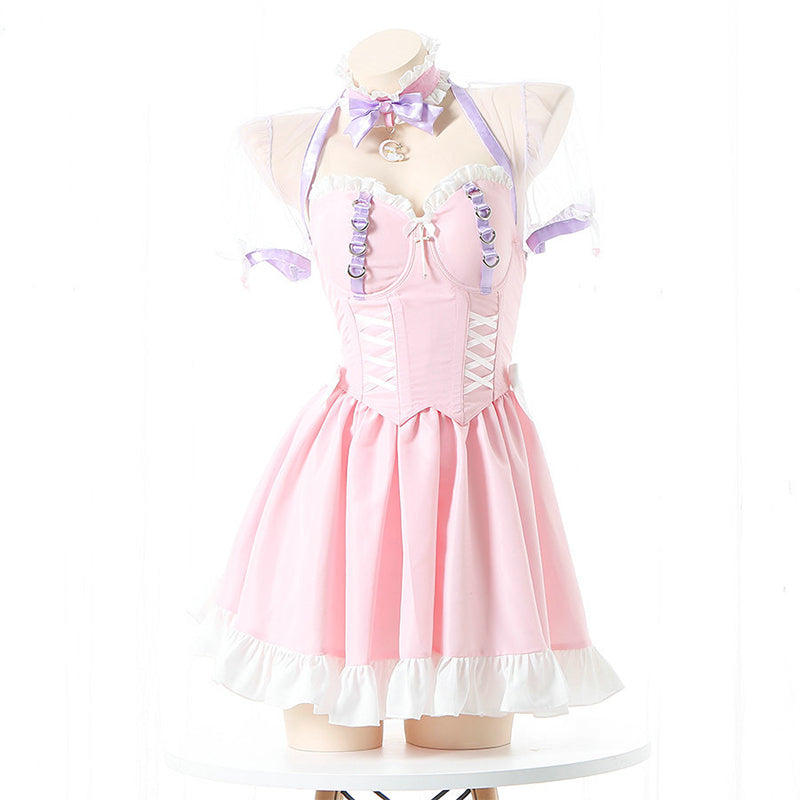 Pink Lace Up Lolita Maid Dress Set Modakawa