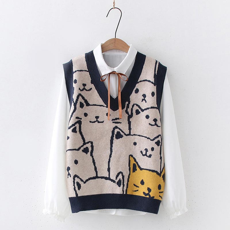 Cute Kitty Print Vest Lace Up Shirt Set Modakawa