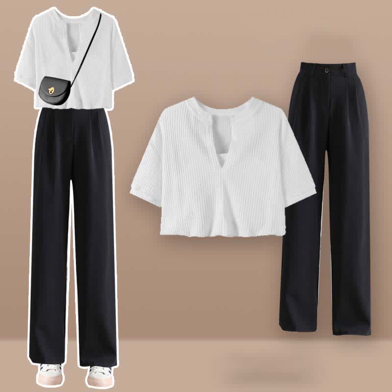 Fake Two Pieces Crop Top T-Shirt Casual Pants Set modakawa