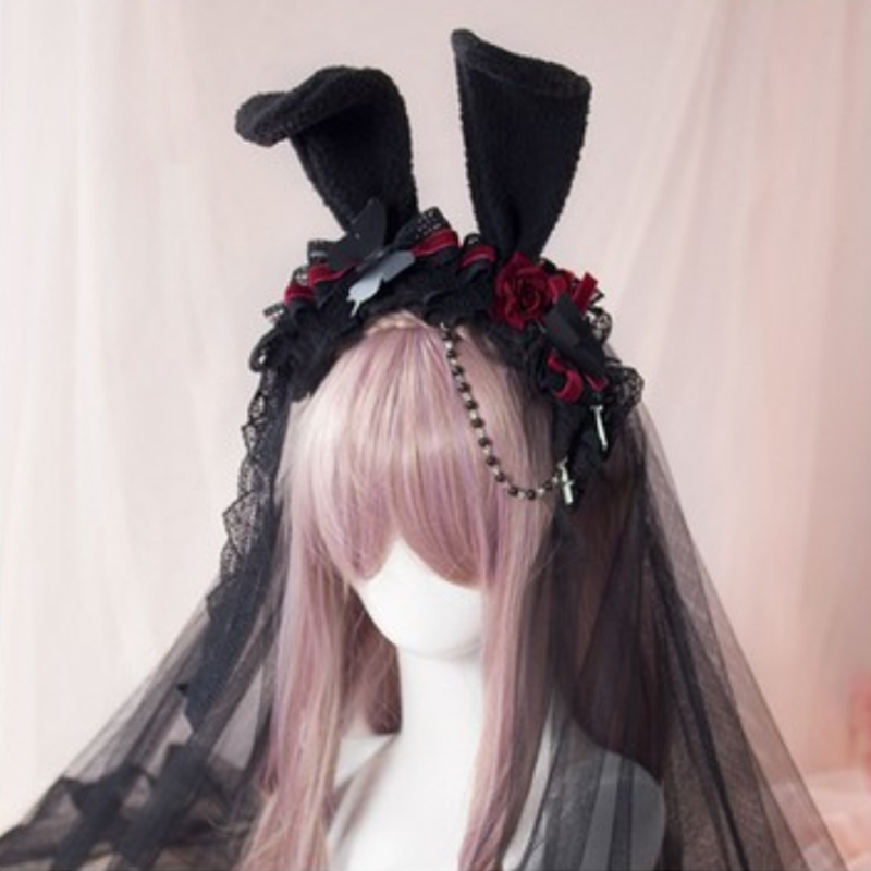 Kawaii Rabbit Ears Rose Lace Hair Hoop Headband Modakawa