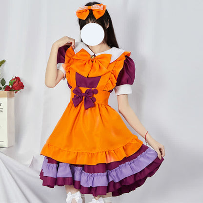 Cute Orange Bow Decor Puff Sleeve Maid Dress Modakawa