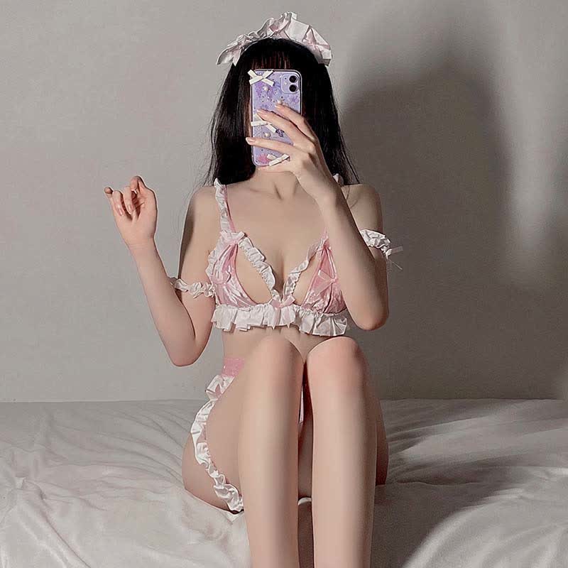 Pink Maid Bow Knot Lace Hollow Out Bikini Lingerie Modakawa