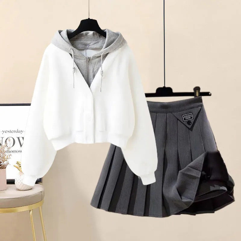 Casual Pocket Hoodie Pleated Skirt Set Modakawa