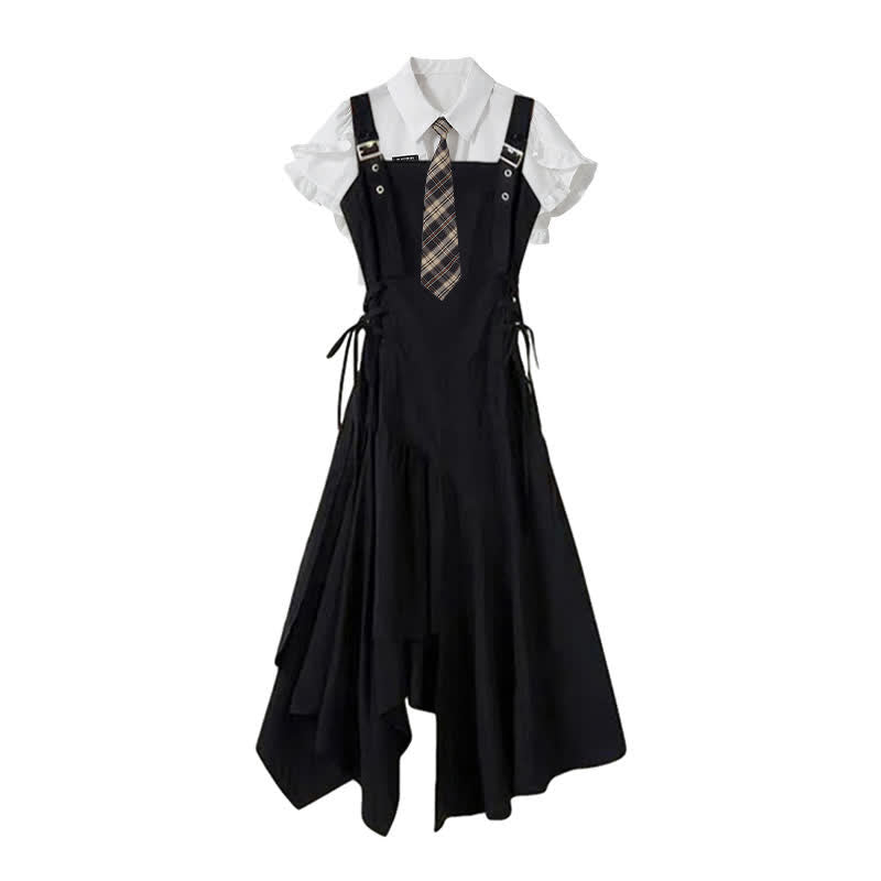 JK Flouncing Sleeve Tie Polo T-Shirt Irregular Lace Up Suspender Dress modakawa