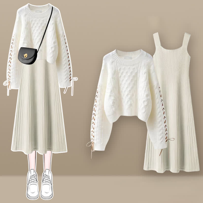 Sweet Cable Sweater Knit Slip Dress Set modakawa