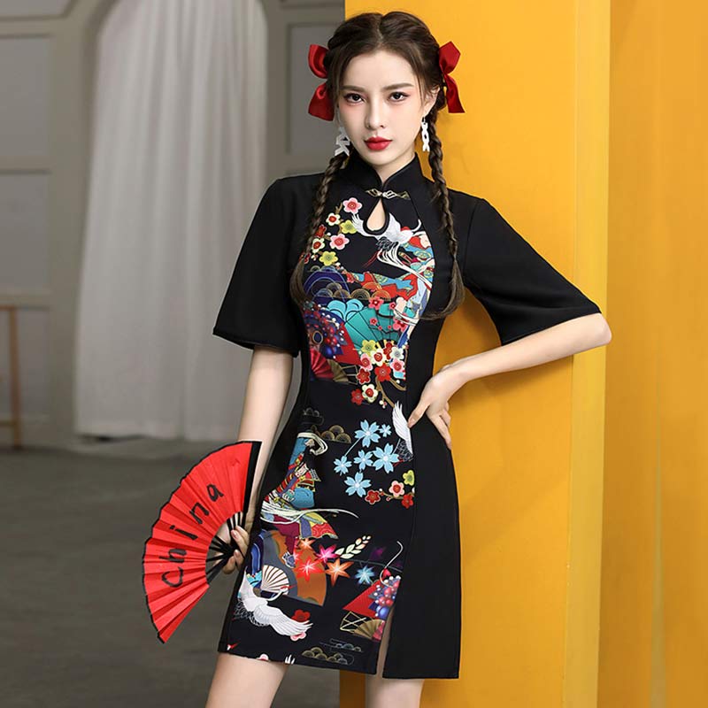 Charming Colorful Print Short Sleeve Cheongsam Dress modakawa