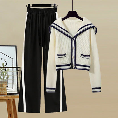 Sailor Collar Cable Sweater Casual Pants Pleated Skirt Set Modakawa