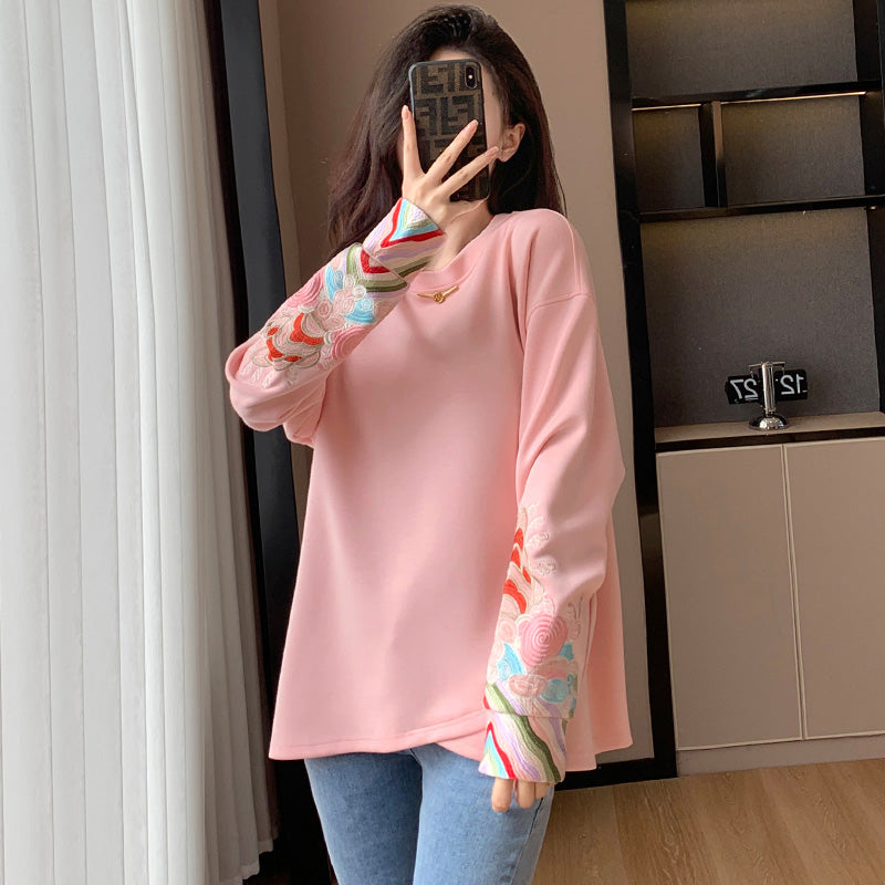 Pink Embroidery Round Collar Sweatshirt Modakawa