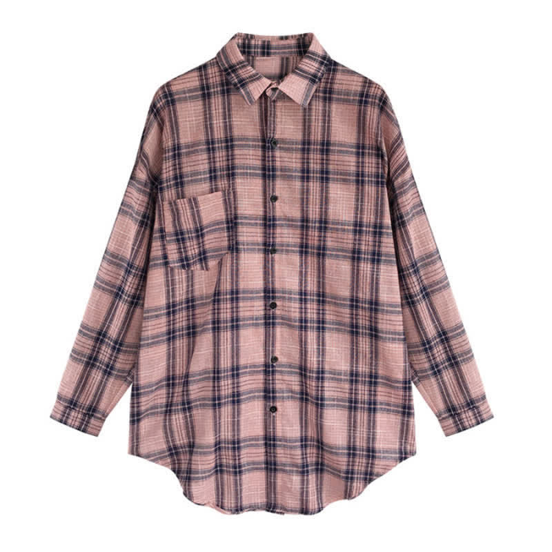 Plaid Print Pocket Lapel Loose Shirt modakawa