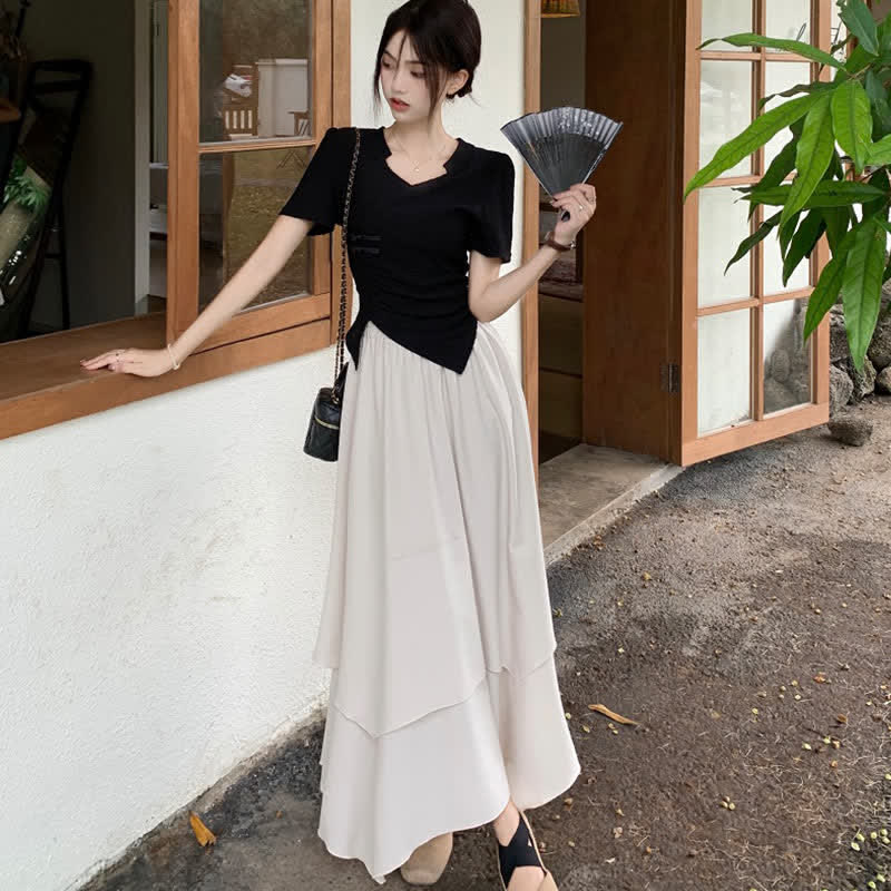 Elegant Buckle Irregular T-Shirt Layered Midi Skirt Set modakawa