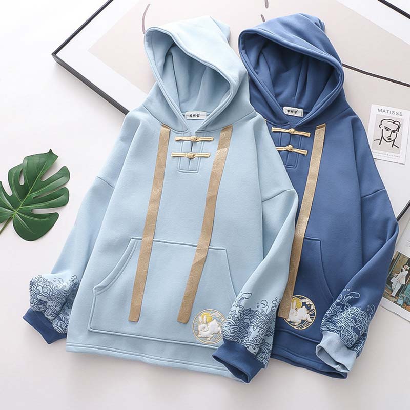 Casual Rabbit Embroidery Wave Print Hoodie modakawa