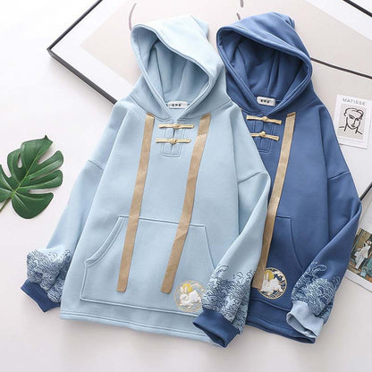 Casual Rabbit Embroidery Wave Print Hoodie modakawa