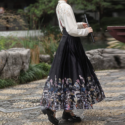 V-neck Shirt Vintage Print Pleated Skirt modakawa