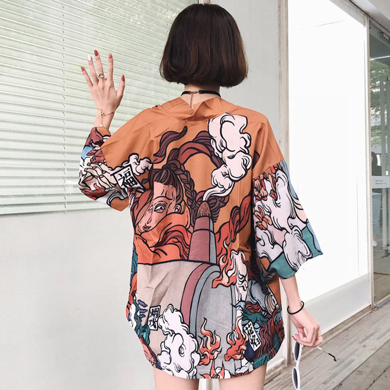 Cartoon Fire Print Casual Vintage Kimono Outerwear Modakawa