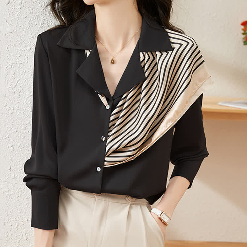 Chic Patchwork Long Sleeve Satin Shirt modakawa