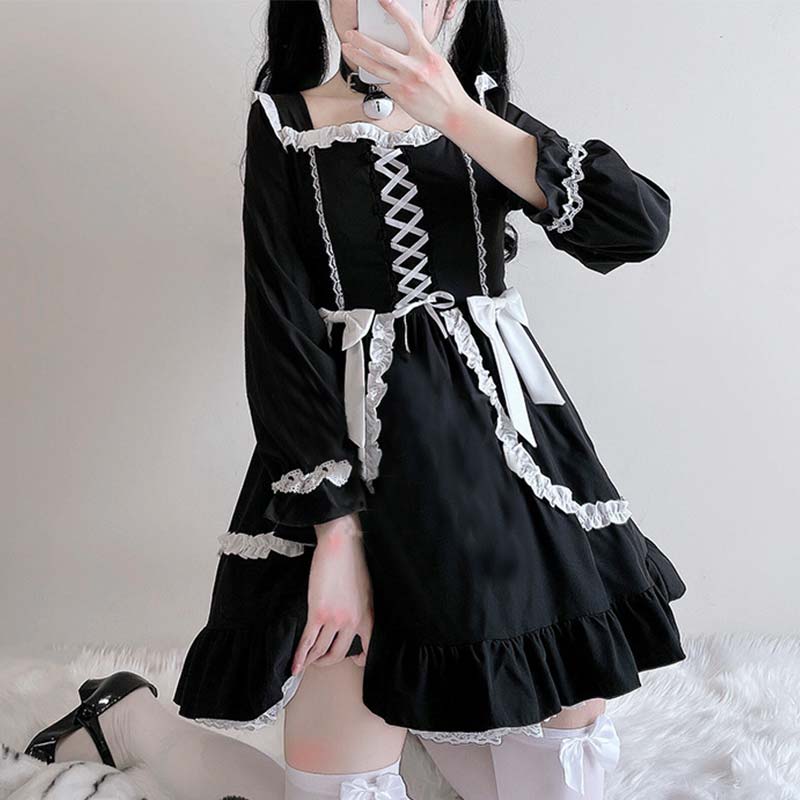 Black Lace Up Lolita Bow-Knot Maid Dress Modakawa