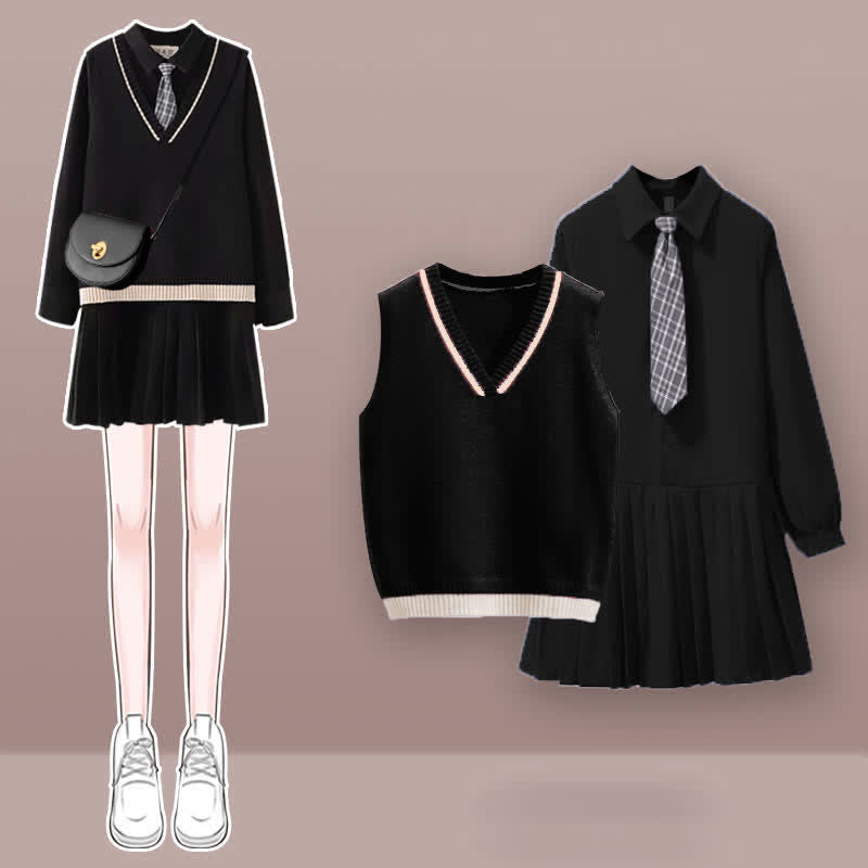 Chic Knit Vest Lapel Tie Pleated Shirt Dress Set modakawa