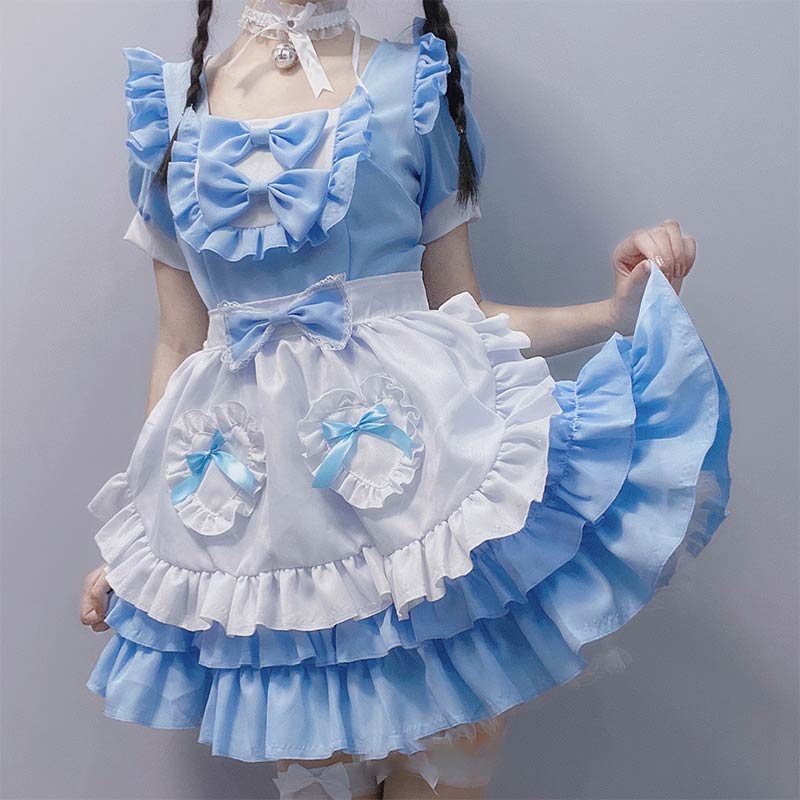 Kawaii Blue Lace Up Bow Maid Lolita Dress Modakawa