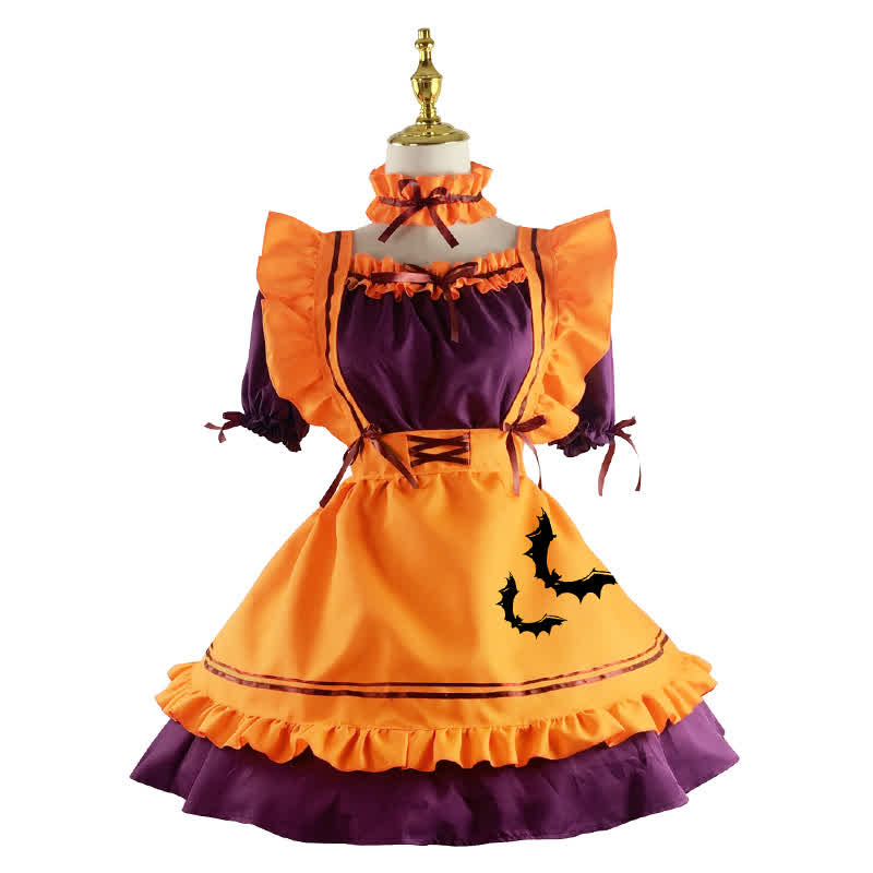 Cute Bat Embroidery Lace Up Ruffled Maid Dress Modakawa