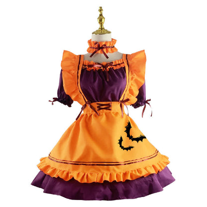 Cute Bat Embroidery Lace Up Ruffled Maid Dress Modakawa