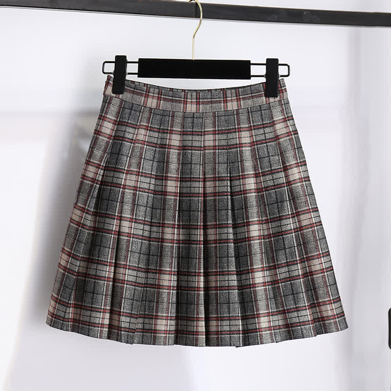 Elegant Doll Collar Knit Sweater Plaid Print Pleated Skirt modakawa