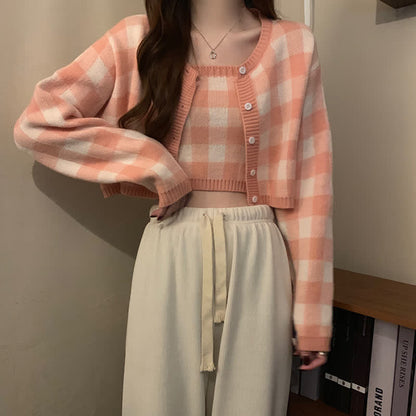 Pink Plaid Top Cardigan Sweater White Pants Set modakawa