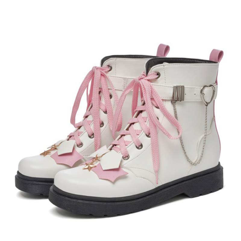 Pink Bow Knot Chain Lace-up Front Boots Modakawa