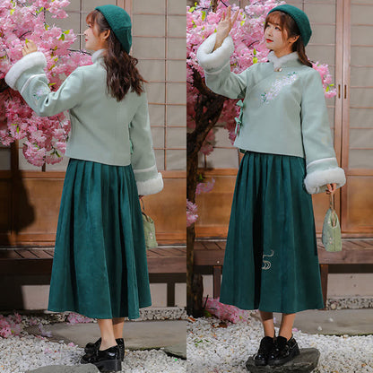 Green Floral Bow Knot Coat Pleated Skirt Vintage Set Modakawa