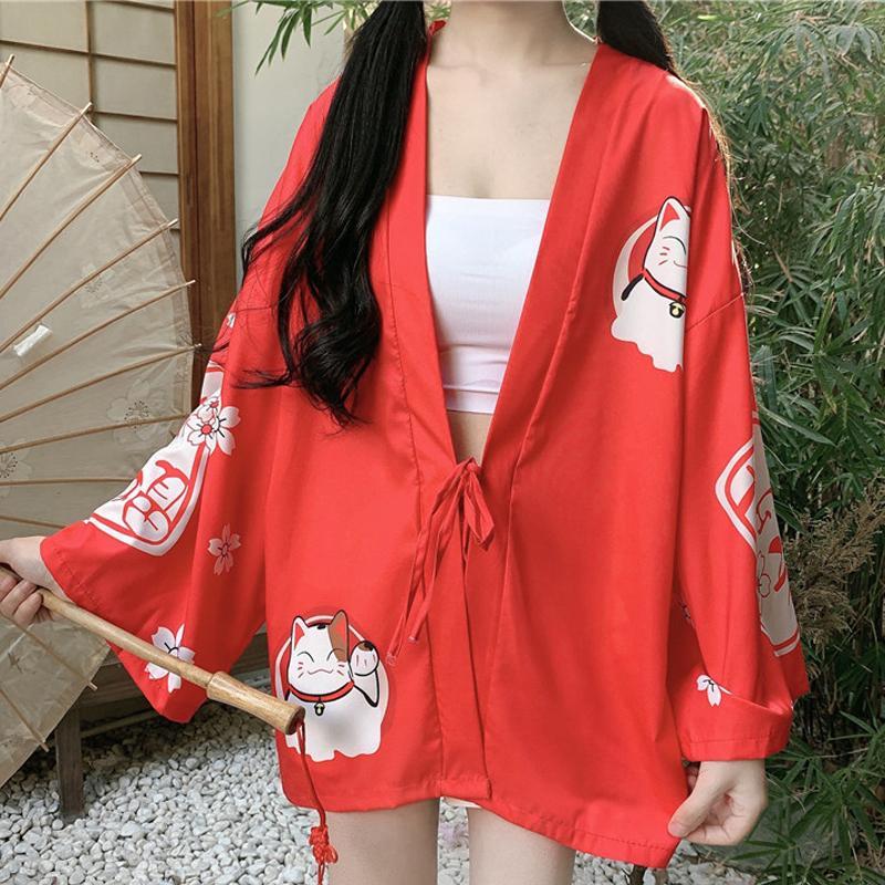 Charming Lucky Cat Sakura Print Loose Outerwear Kimono Modakawa