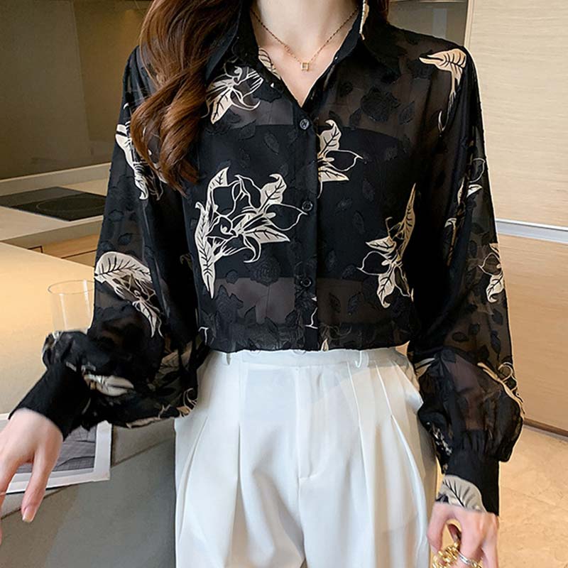 Black Floral Print Puff Sleeve Chiffon Shirt Modakawa