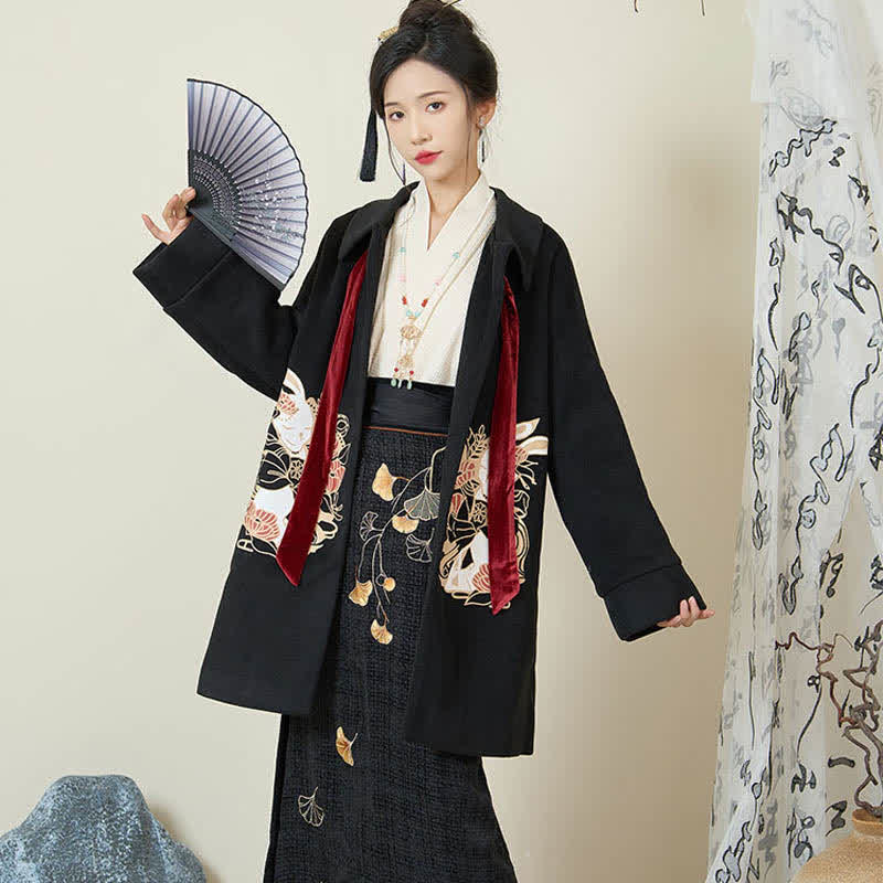 Elegant Bunny Embroideried Coat Shirt Floral High Waist Skirt modakawa