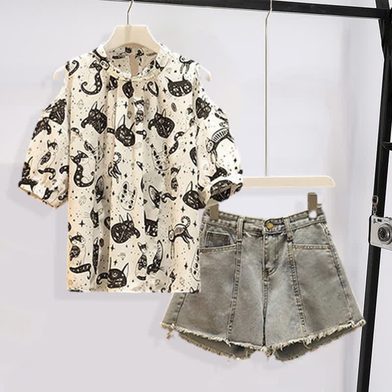 Kitty Print Cold Shouder Chiffon Shirt Casual Denim Shorts modakawa