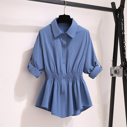 Blue Lapel Chiffon Shirt Flared Split Pants modakawa