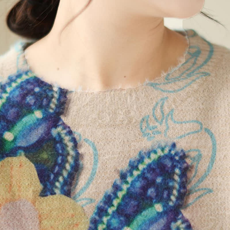 Vintage Blue Flower Butterfly Print Sweater modakawa