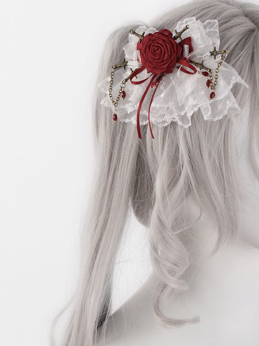 White Lace Red Rosette Bowknot Hairclips mySite