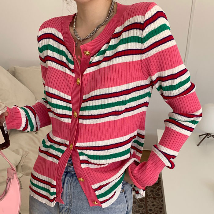 Pink Striped Ribbed Cardigan Boogzel Clothing