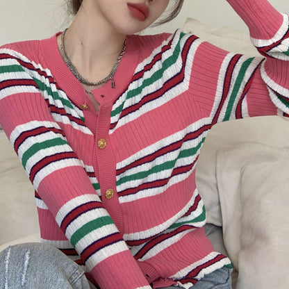 Pink Striped Ribbed Cardigan Boogzel Clothing