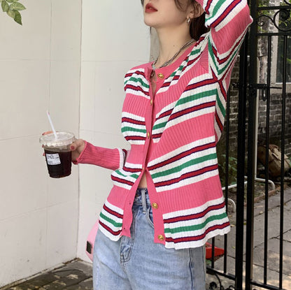 Pink Striped Ribbed Cardigan Boogzel Clothing