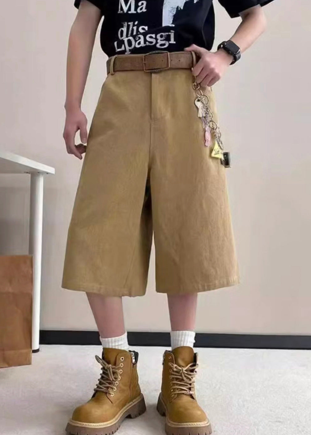 Khaki Summer High Pockets Letter Waist Art Crop Pants Mens FashionChic