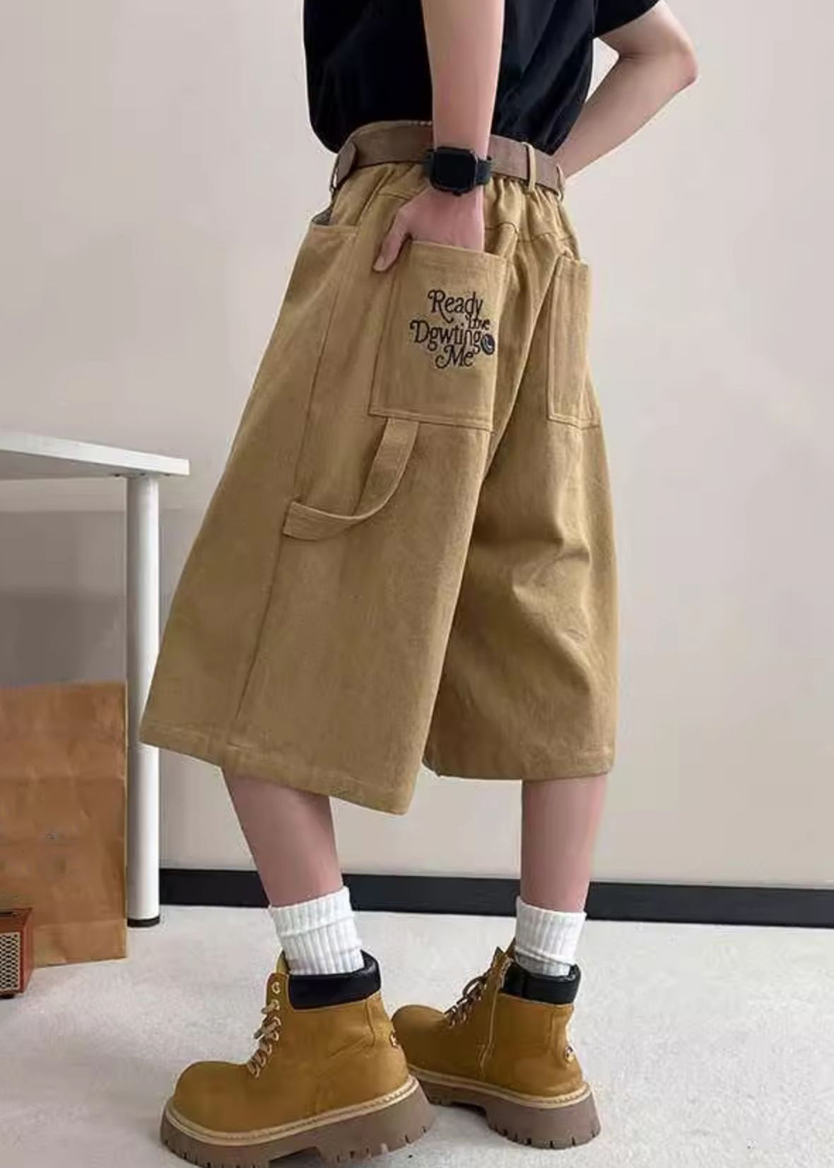 Khaki Summer High Pockets Letter Waist Art Crop Pants Mens FashionChic