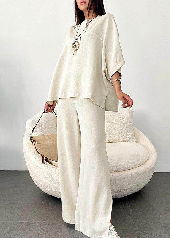 Top O-Neck Pieces Art Two Wide Leg Patchwork Set And White Pants FashionChic