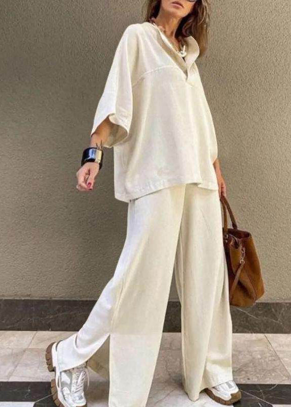Top O-Neck Pieces Art Two Wide Leg Patchwork Set And White Pants FashionChic