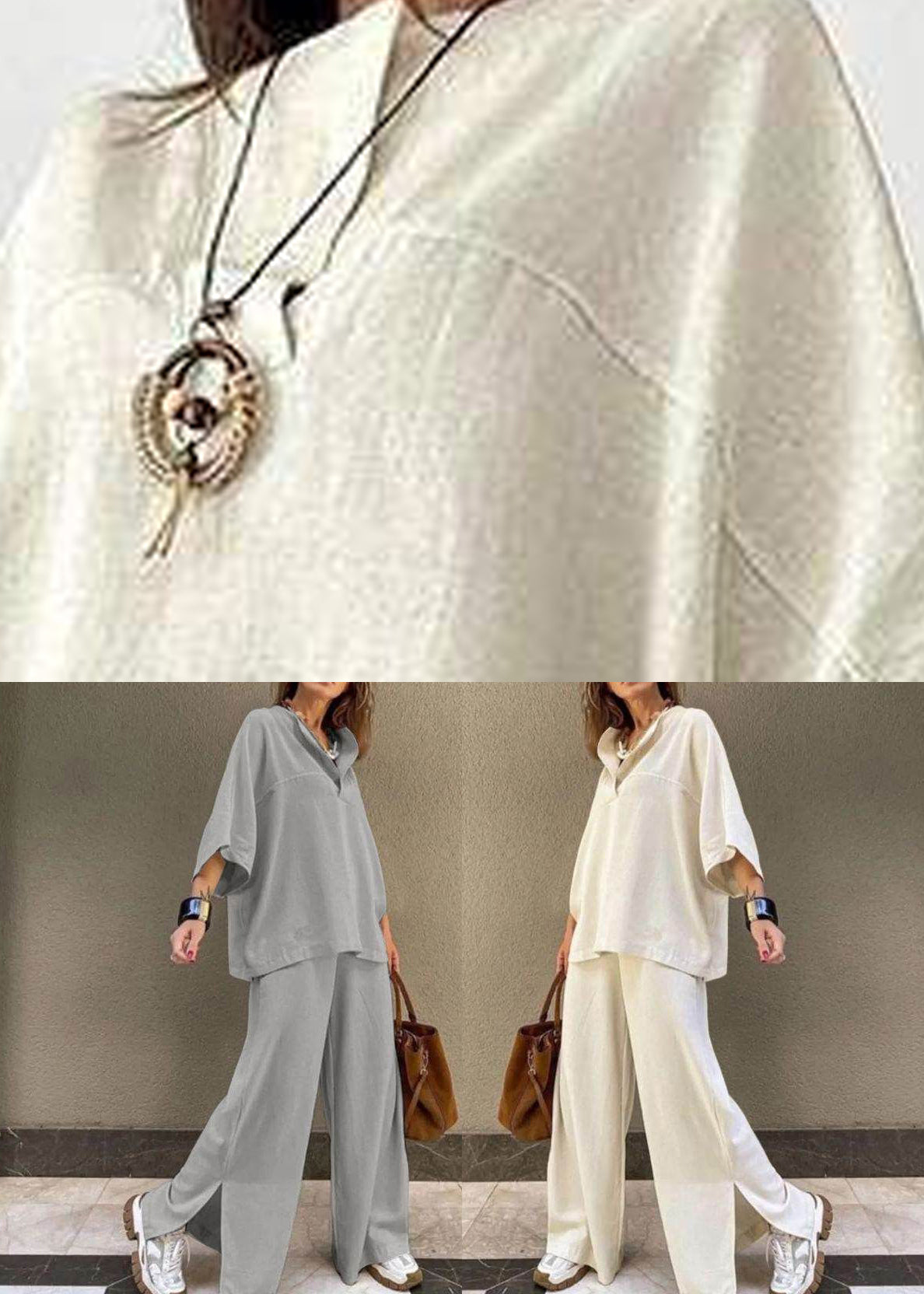 Top O-Neck Pieces Art Two Wide Leg Patchwork Set And White Pants FashionChic