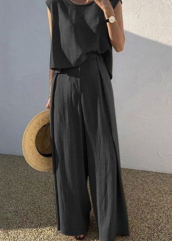 Pieces Leg Khaki T O-Neck Set Boutique Shirt Pants Two Wide And FashionChic