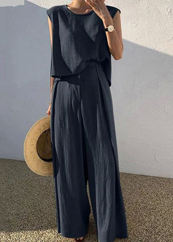 Pieces Leg Khaki T O-Neck Set Boutique Shirt Pants Two Wide And FashionChic