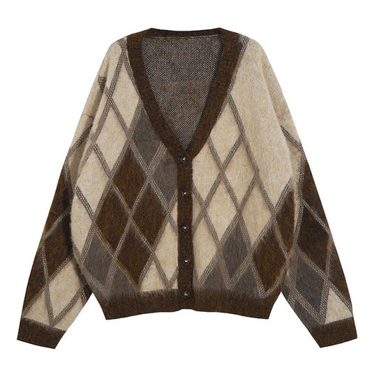 Brown Argyle Fuzzy Cardigan Boogzel Clothing