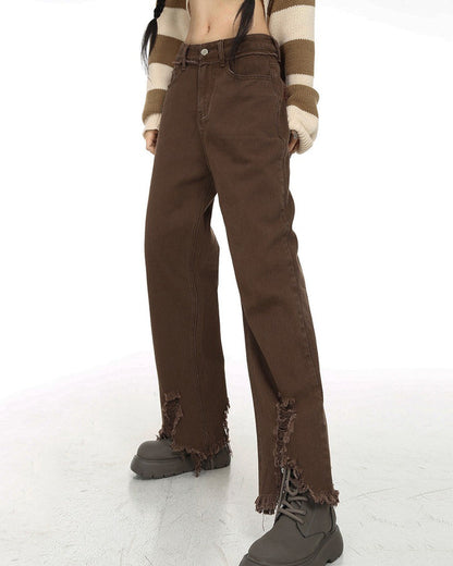 Brown Straight Leg Distressed Jeans Boogzel Clothing